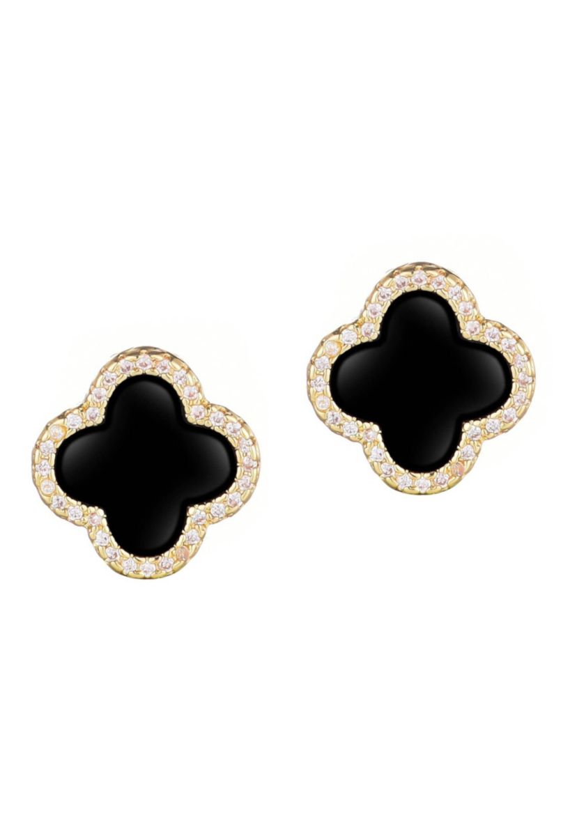 14k Gold Plated Black Halo CZ Clover Stud Earrings