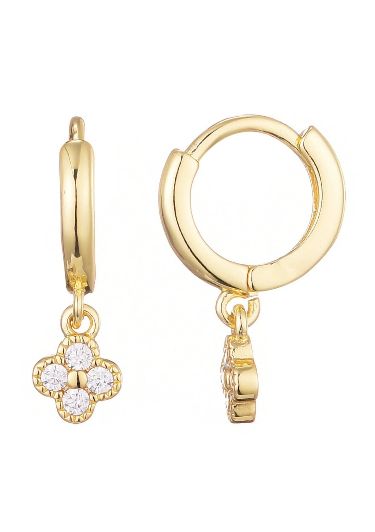14k Gold Plated Extra Mini CZ Clover Dangle Huggie Earrings
