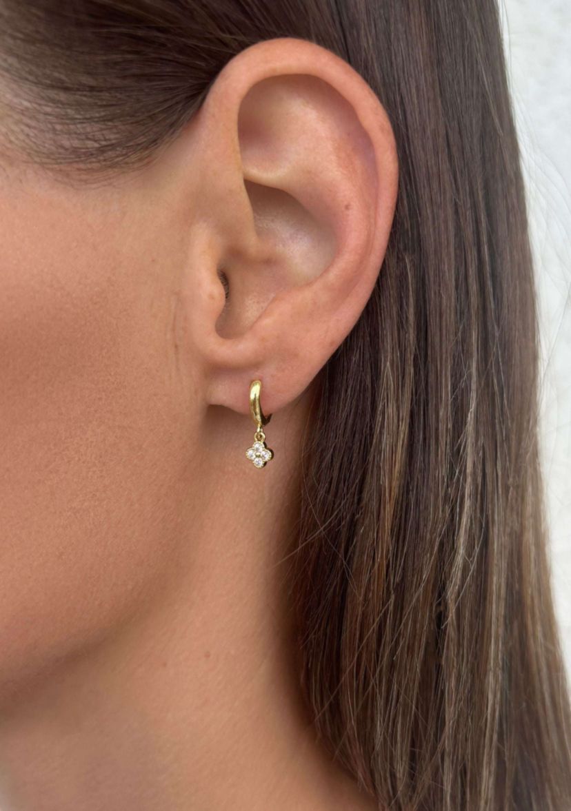 14k Gold Plated Extra Mini CZ Clover Dangle Huggie Earrings