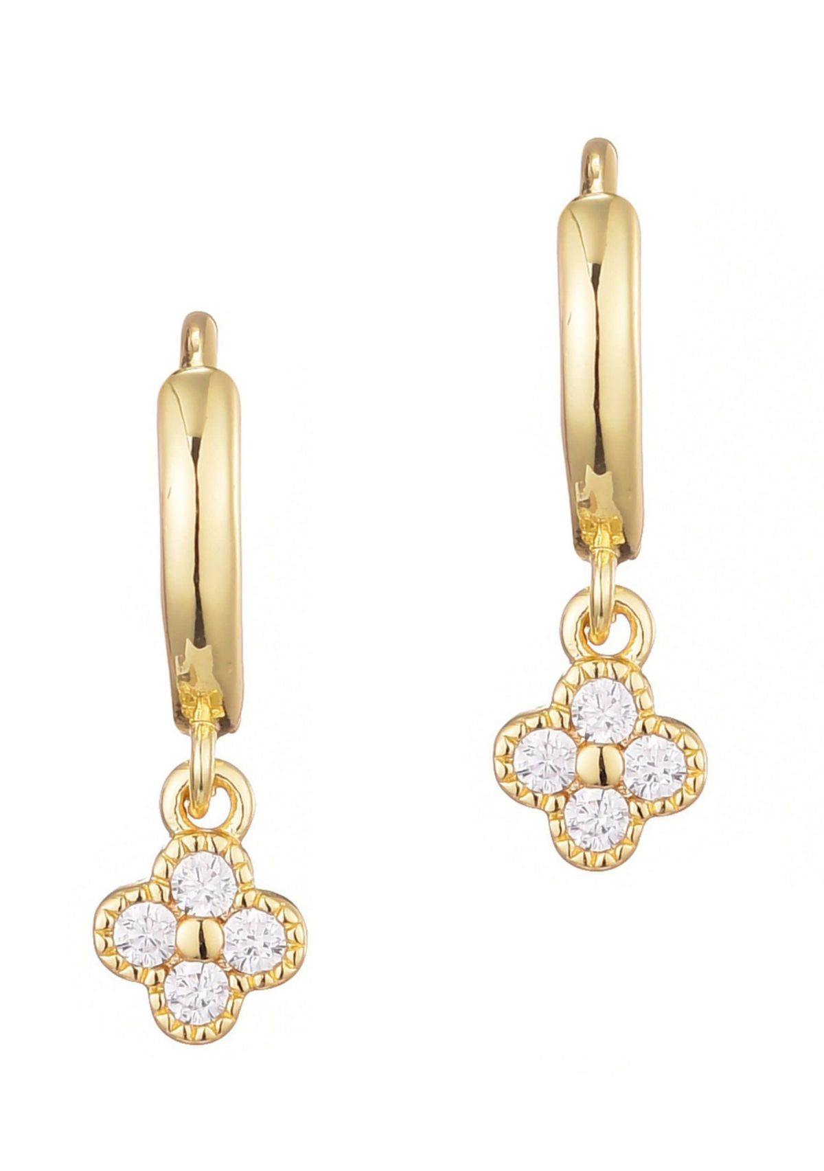 14k Gold Plated Extra Mini CZ Clover Dangle Huggie Earrings