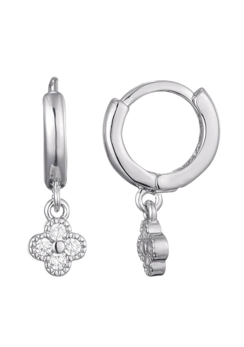 Silver Plated Extra Mini CZ Clover Dangle Huggie Earrings