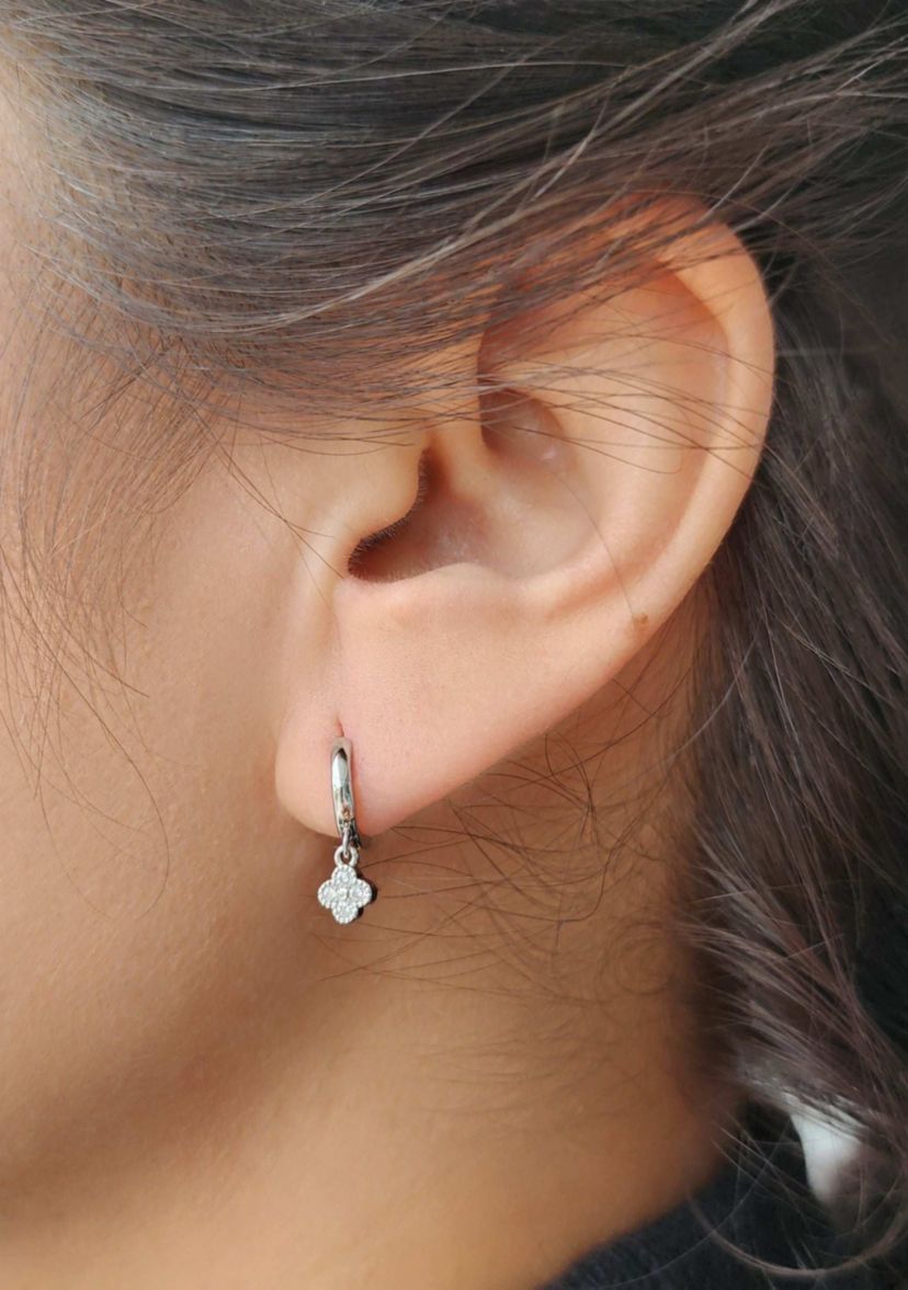 Silver Plated Extra Mini CZ Clover Dangle Huggie Earrings