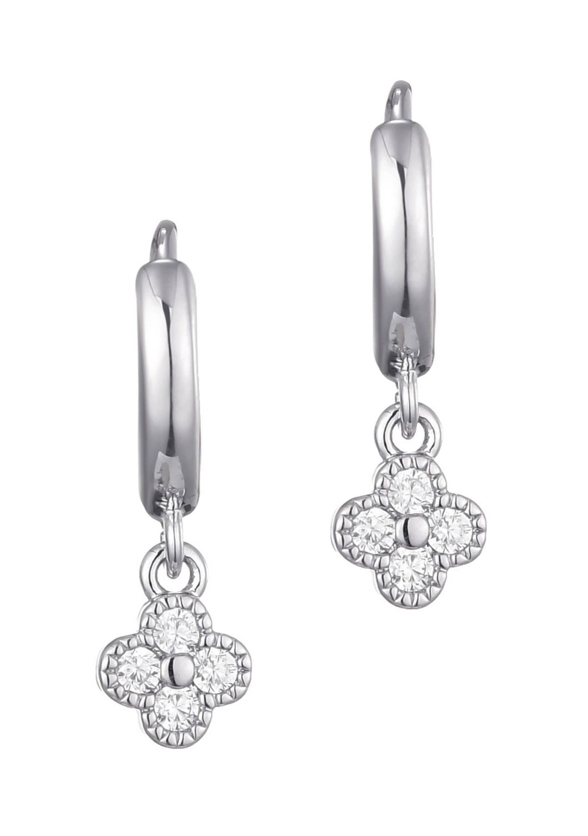 Silver Plated Extra Mini CZ Clover Dangle Huggie Earrings