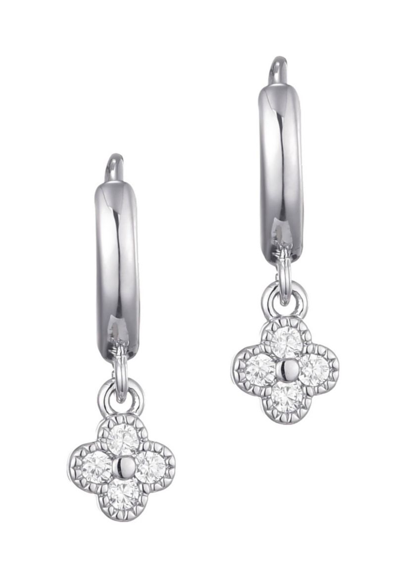Silver Plated Extra Mini CZ Clover Dangle Huggie Earrings
