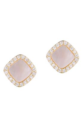 Adornia 14k Gold Plated Cushion-Shaped Mother of Pearl CZ Halo Stud Earrings