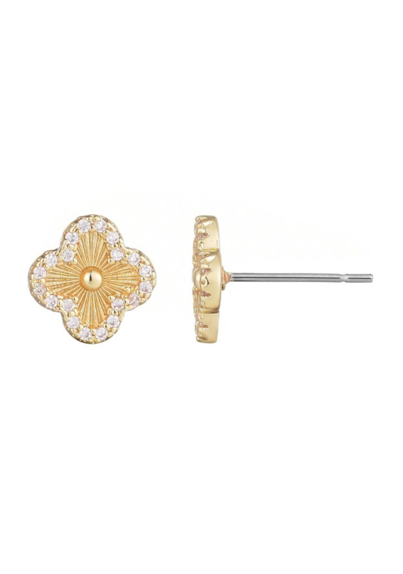 14k Gold Plated Button Clover CZ Halo Stud Earrings