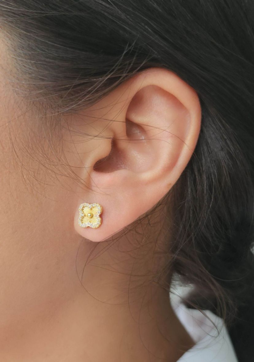 14k Gold Plated Button Clover CZ Halo Stud Earrings