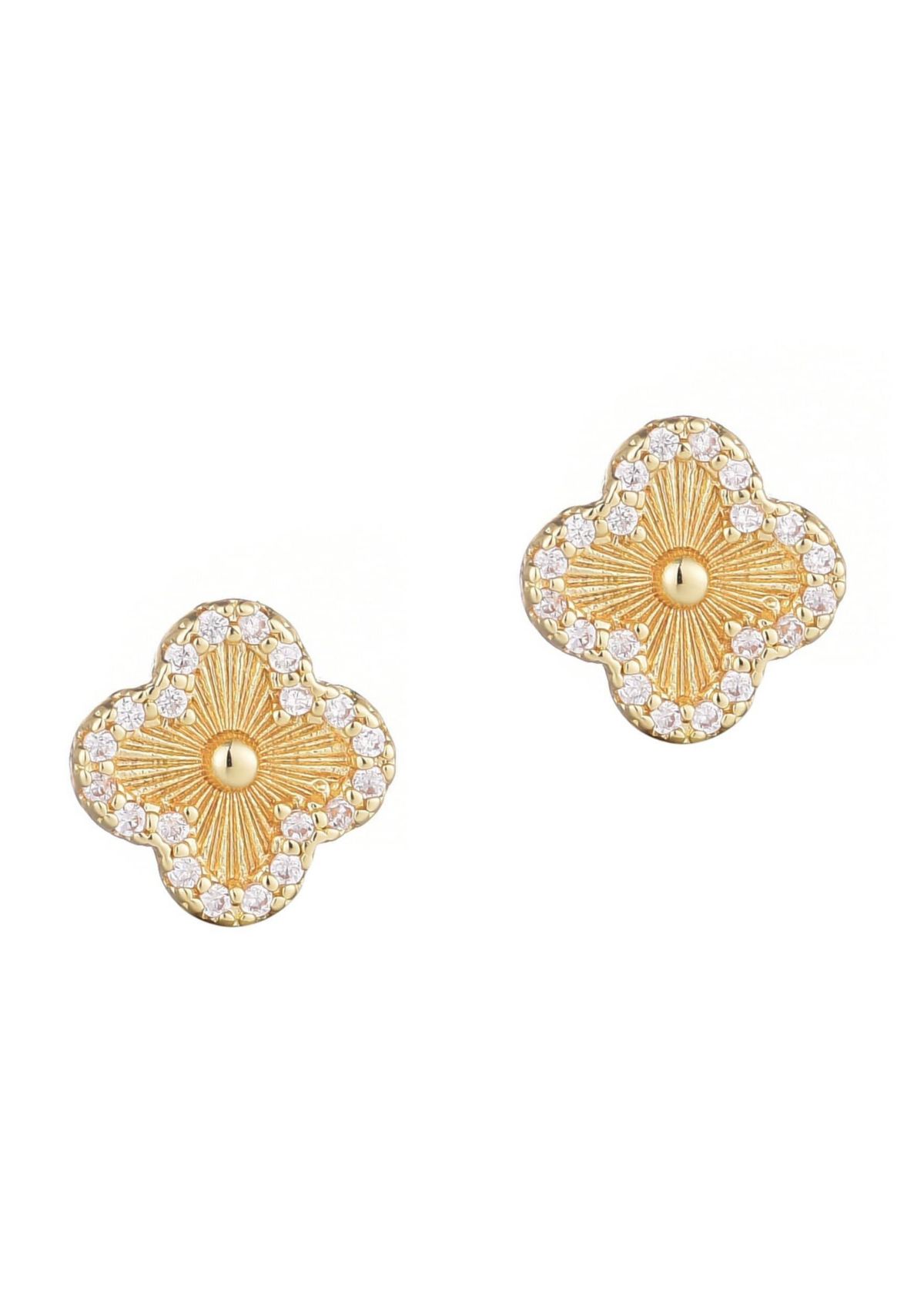 14k Gold Plated Button Clover CZ Halo Stud Earrings