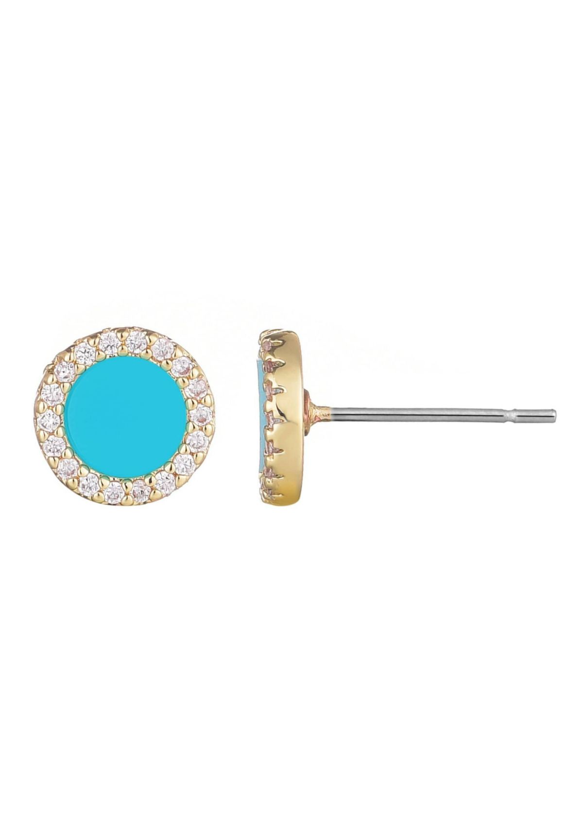 14k Yellow Gold Plated Turquoise Circle CZ Halo Stud Earrings