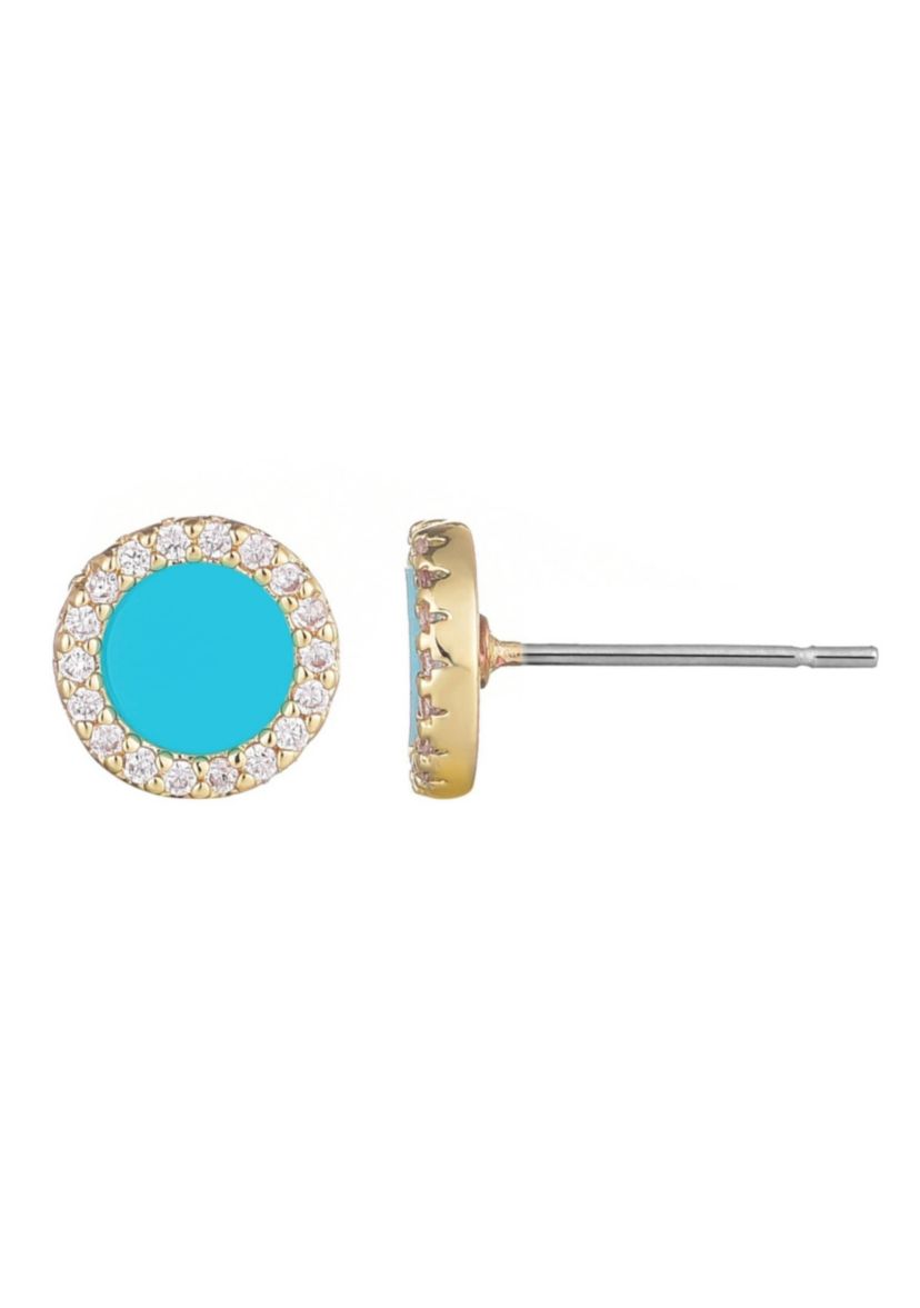 14k Yellow Gold Plated Turquoise Circle CZ Halo Stud Earrings