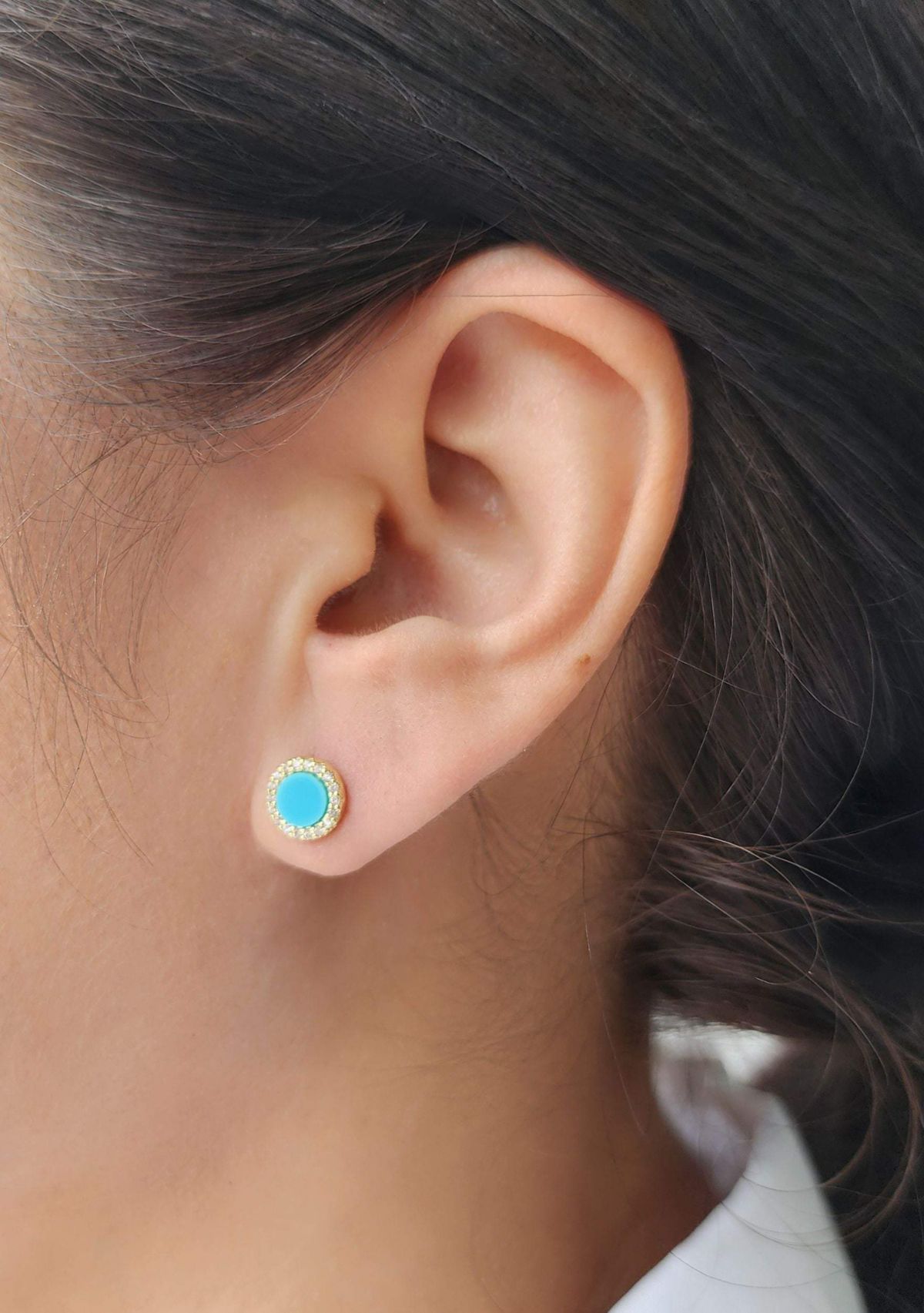 14k Yellow Gold Plated Turquoise Circle CZ Halo Stud Earrings