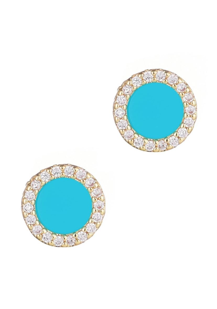14k Yellow Gold Plated Turquoise Circle CZ Halo Stud Earrings