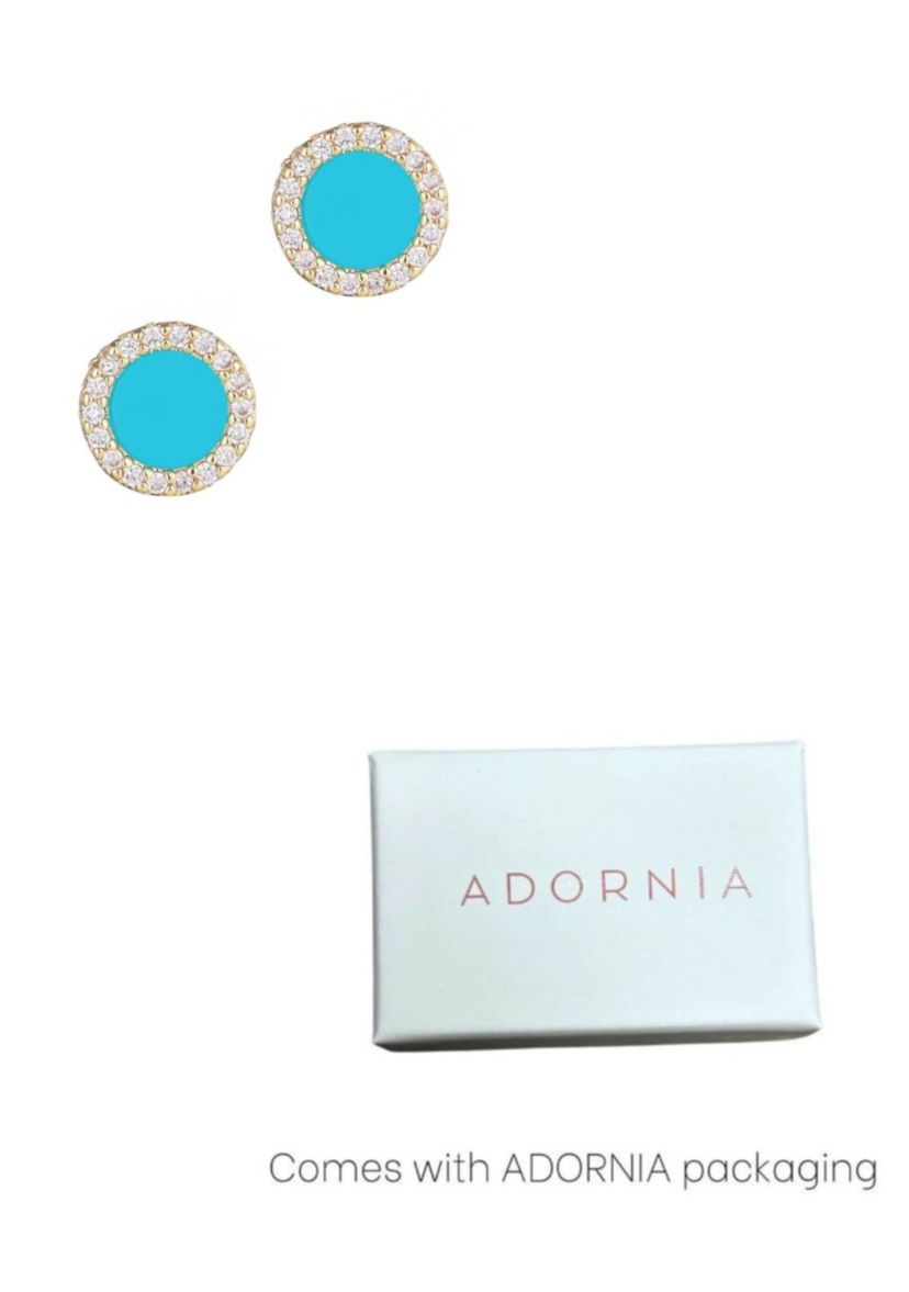 14k Yellow Gold Plated Turquoise Circle CZ Halo Stud Earrings
