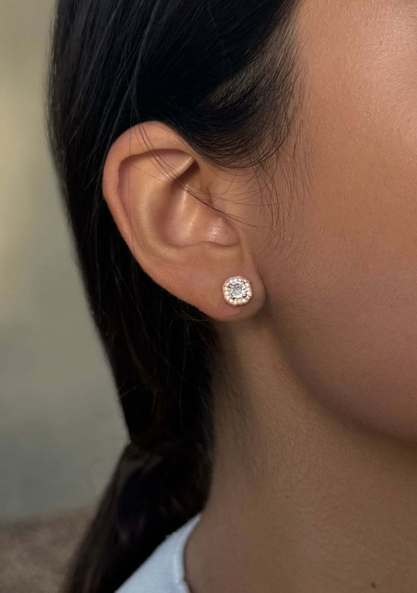 14k Rose Gold CZ Halo Square Cushion Stud Earrings