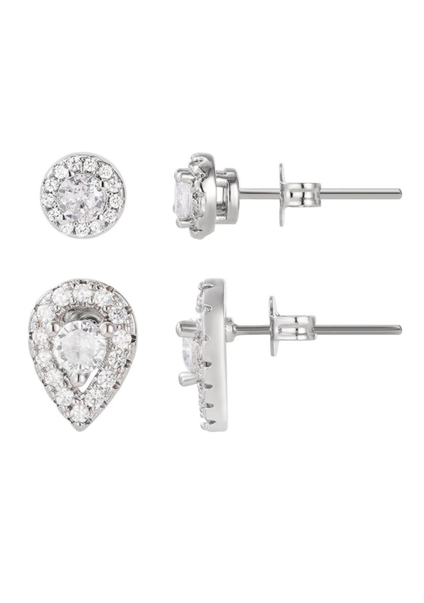 Silver Plated Set of 2 Halo Stud Earrings