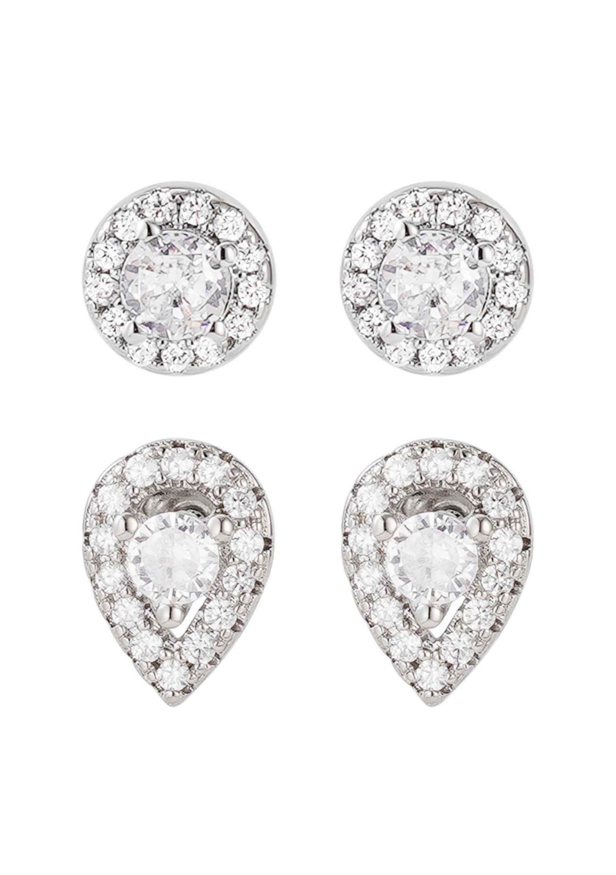 Silver Plated Set of 2 Halo Stud Earrings