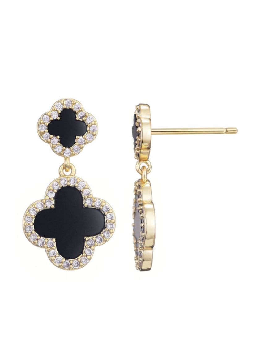 14k Gold Plated Double Black Clover CZ Drop Earrings