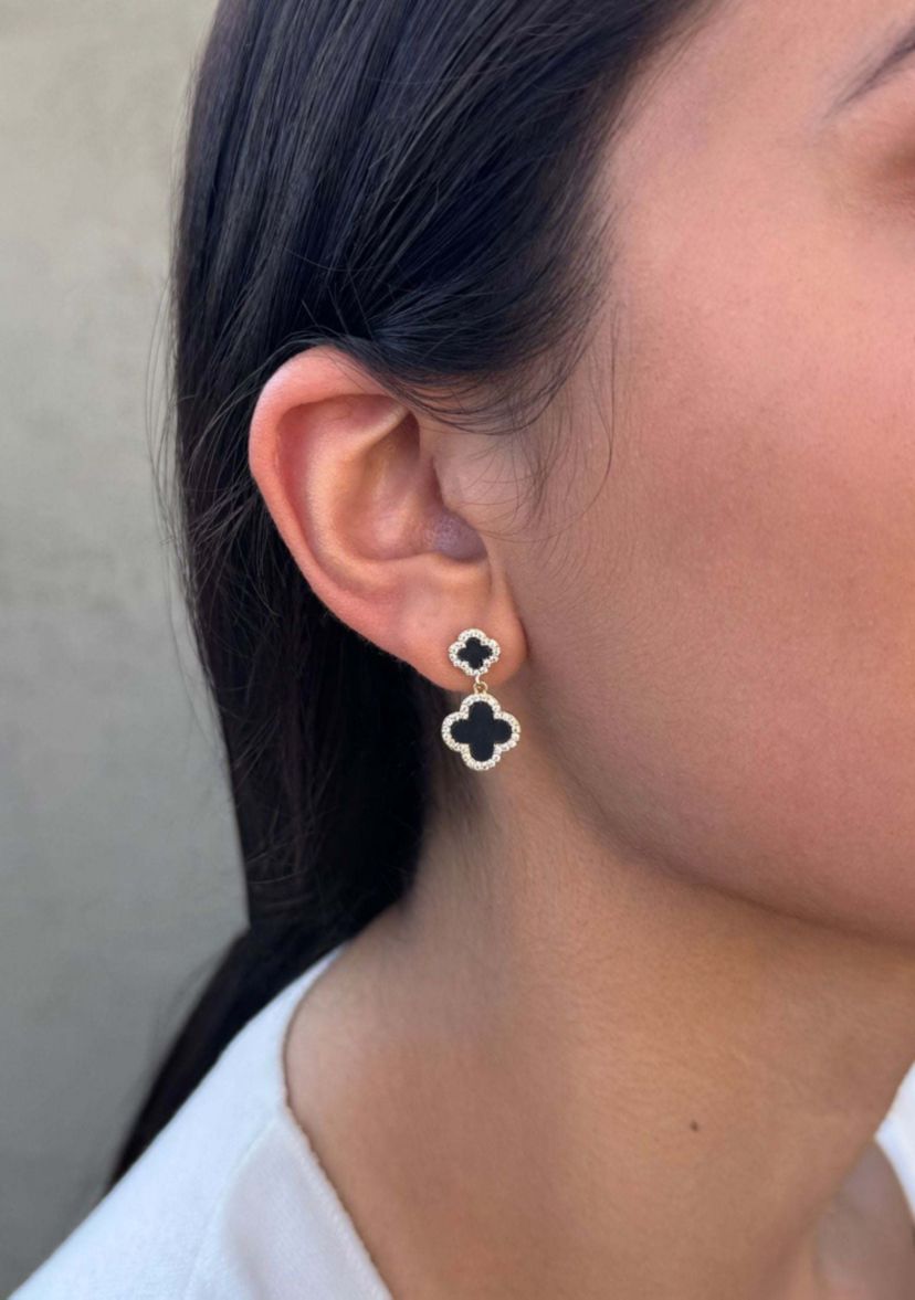 14k Gold Plated Double Black Clover CZ Drop Earrings