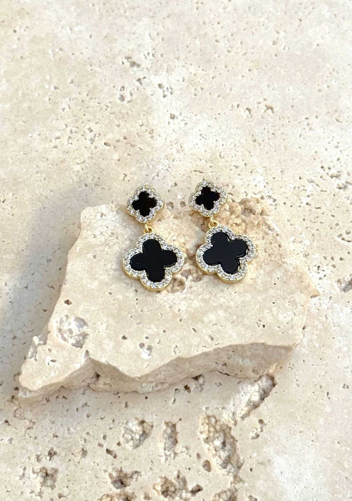 14k Gold Plated Double Black Clover CZ Drop Earrings