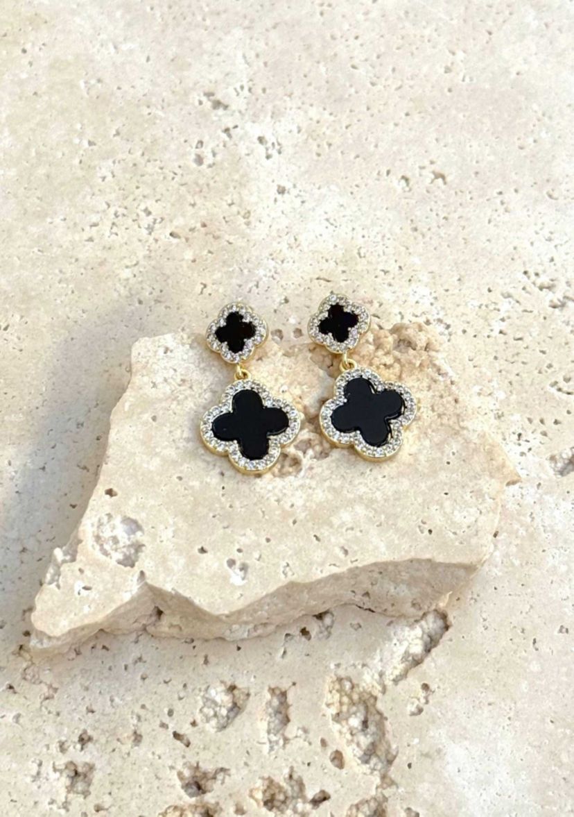 14k Gold Plated Double Black Clover CZ Drop Earrings