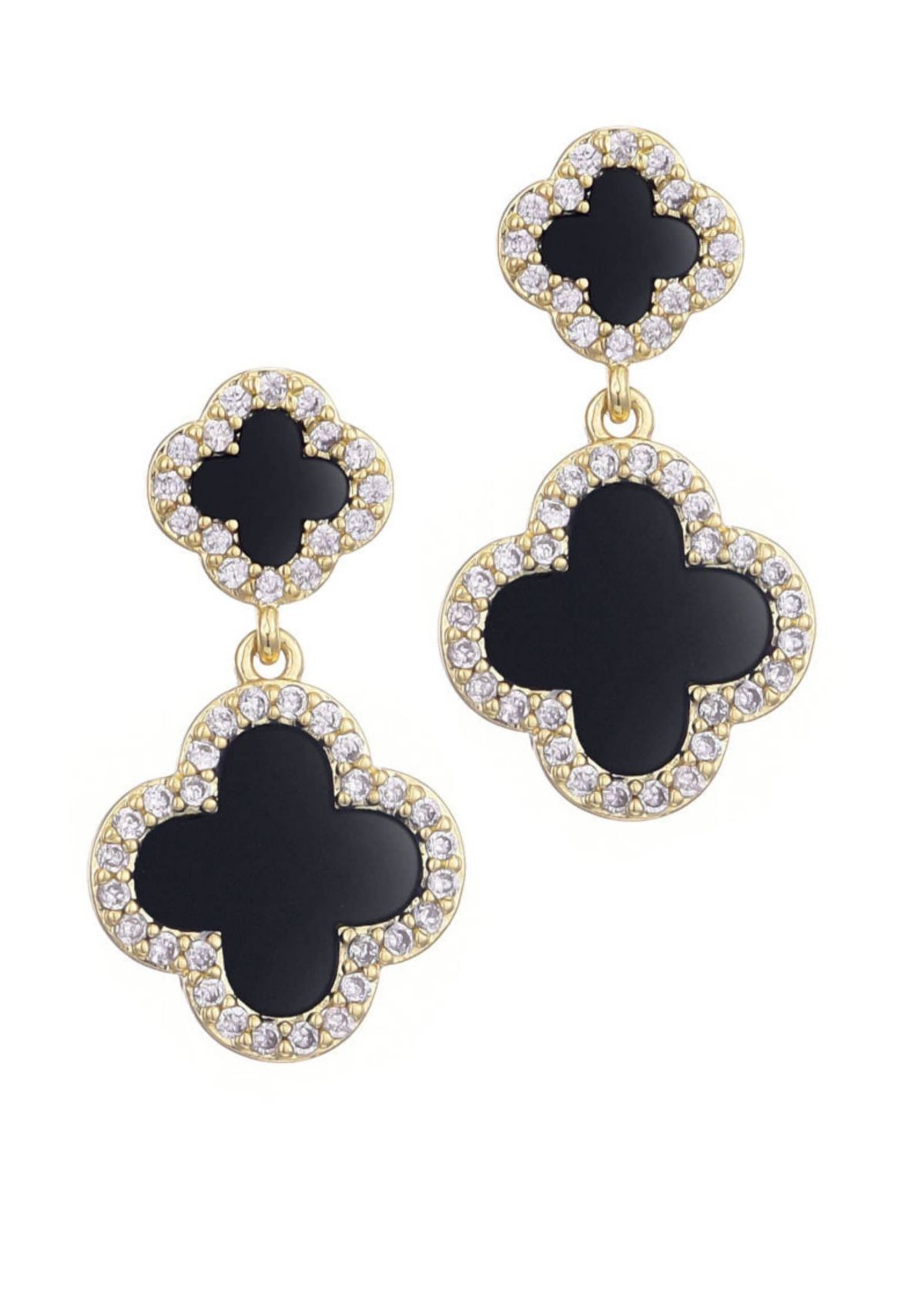 14k Gold Plated Double Black Clover CZ Drop Earrings