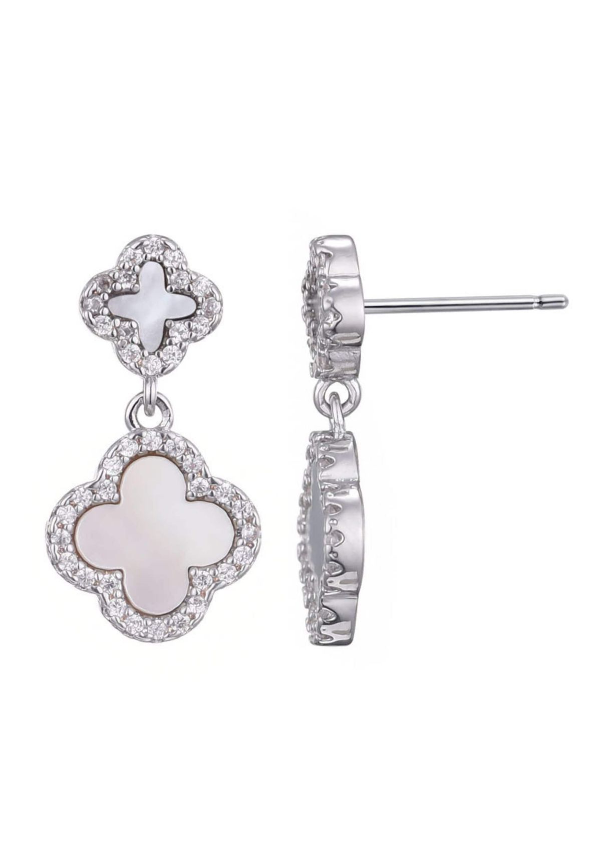 Silver Plated Double White Mother of Pearl CZ Drop Earrings