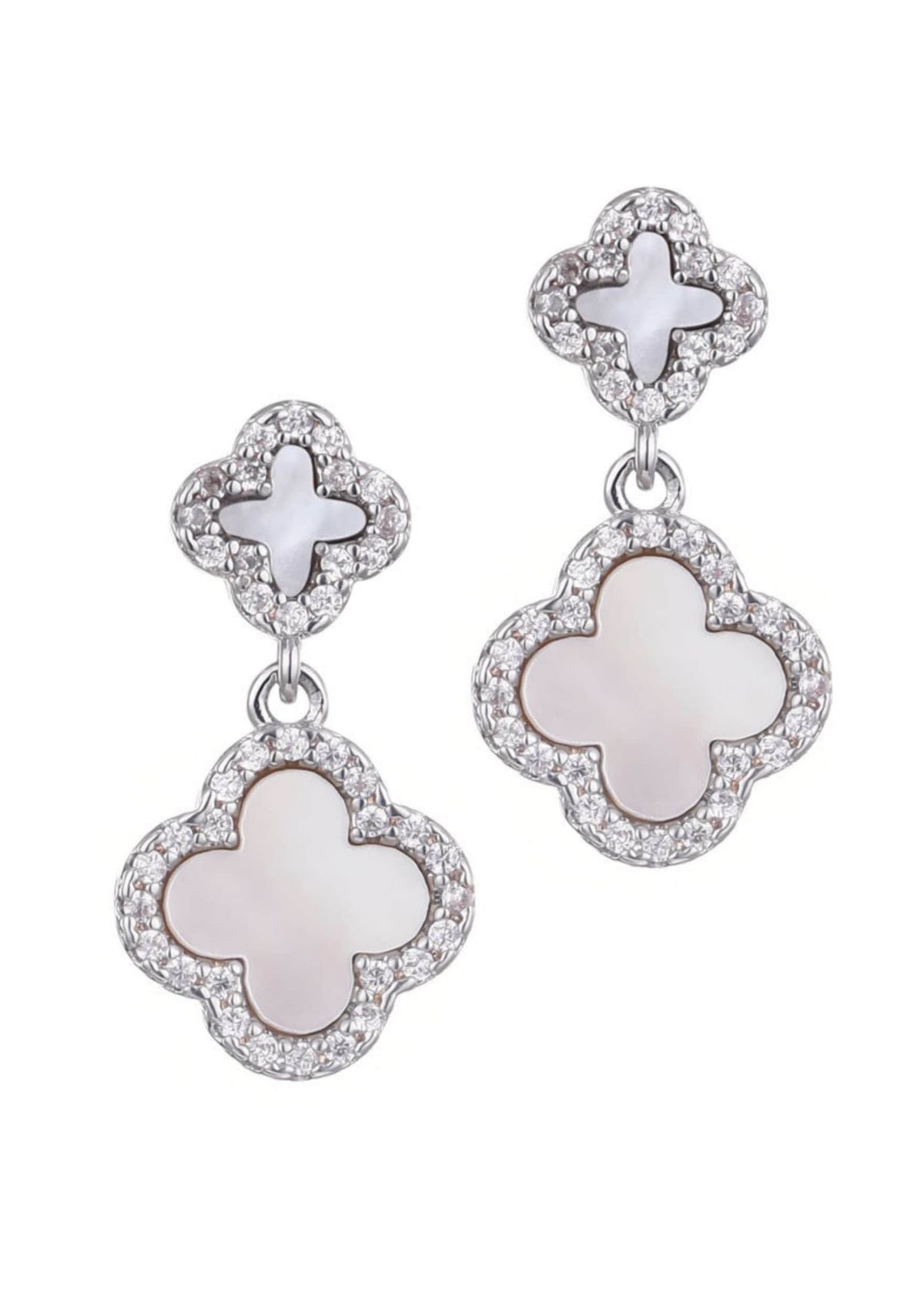 Silver Plated Double White Mother of Pearl CZ Drop Earrings