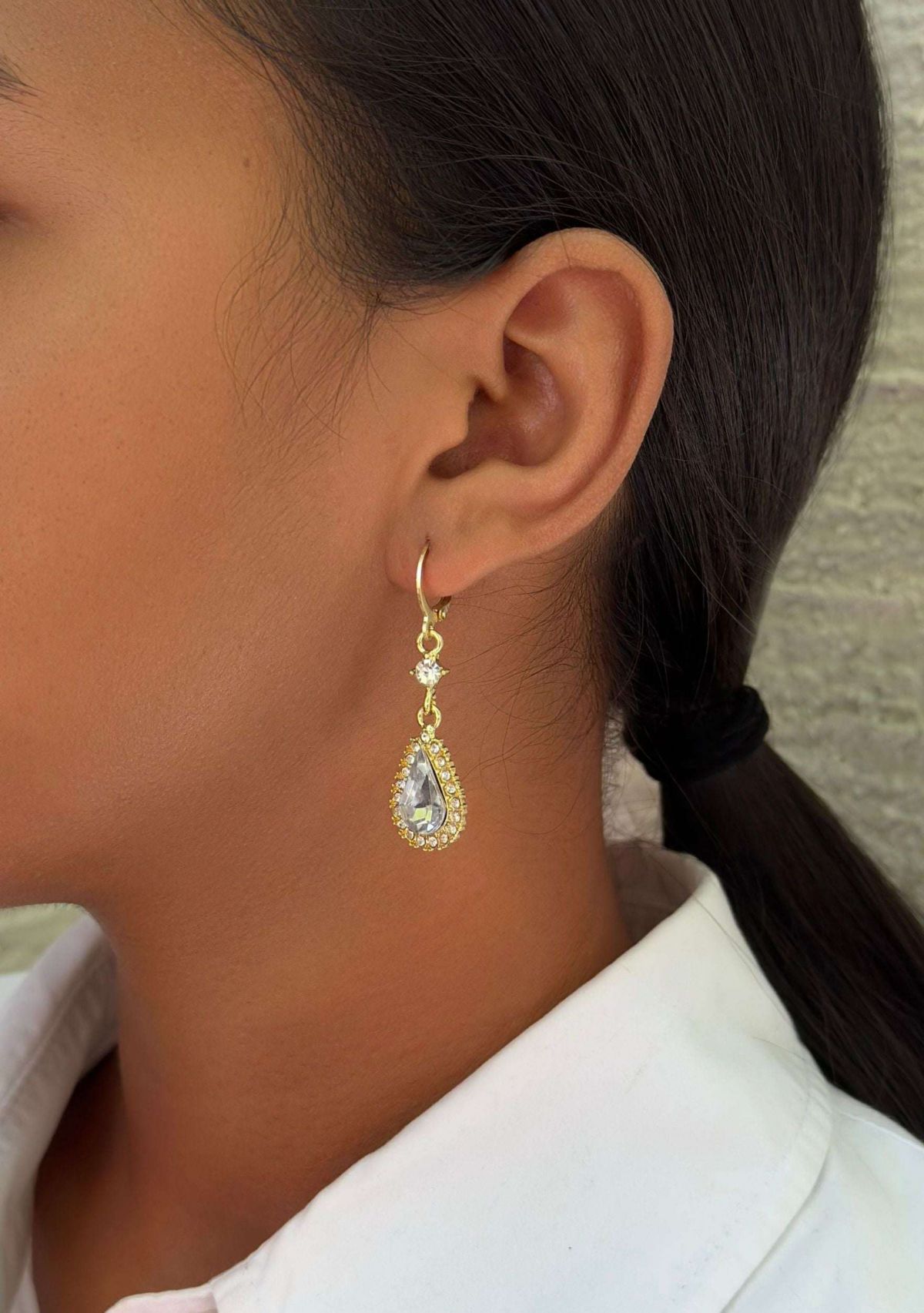 Gold Plated Pear Crystal Halo Drop Earrings