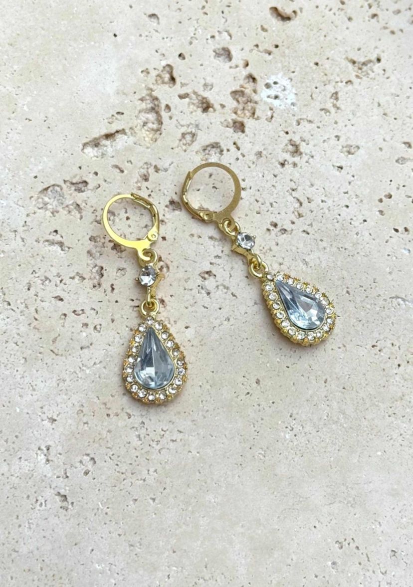 Gold Plated Pear Crystal Halo Drop Earrings