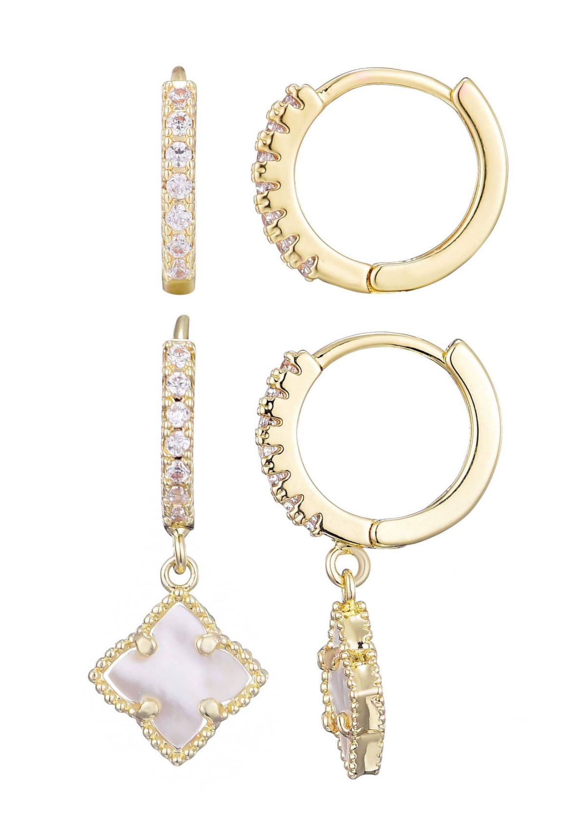 14k Gold Plated White Mother of Pearl Clover CZ Huggie Set