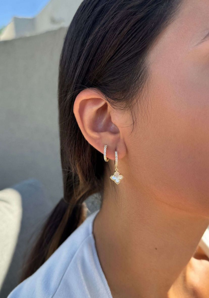 14k Gold Plated White Mother of Pearl Clover CZ Huggie Set