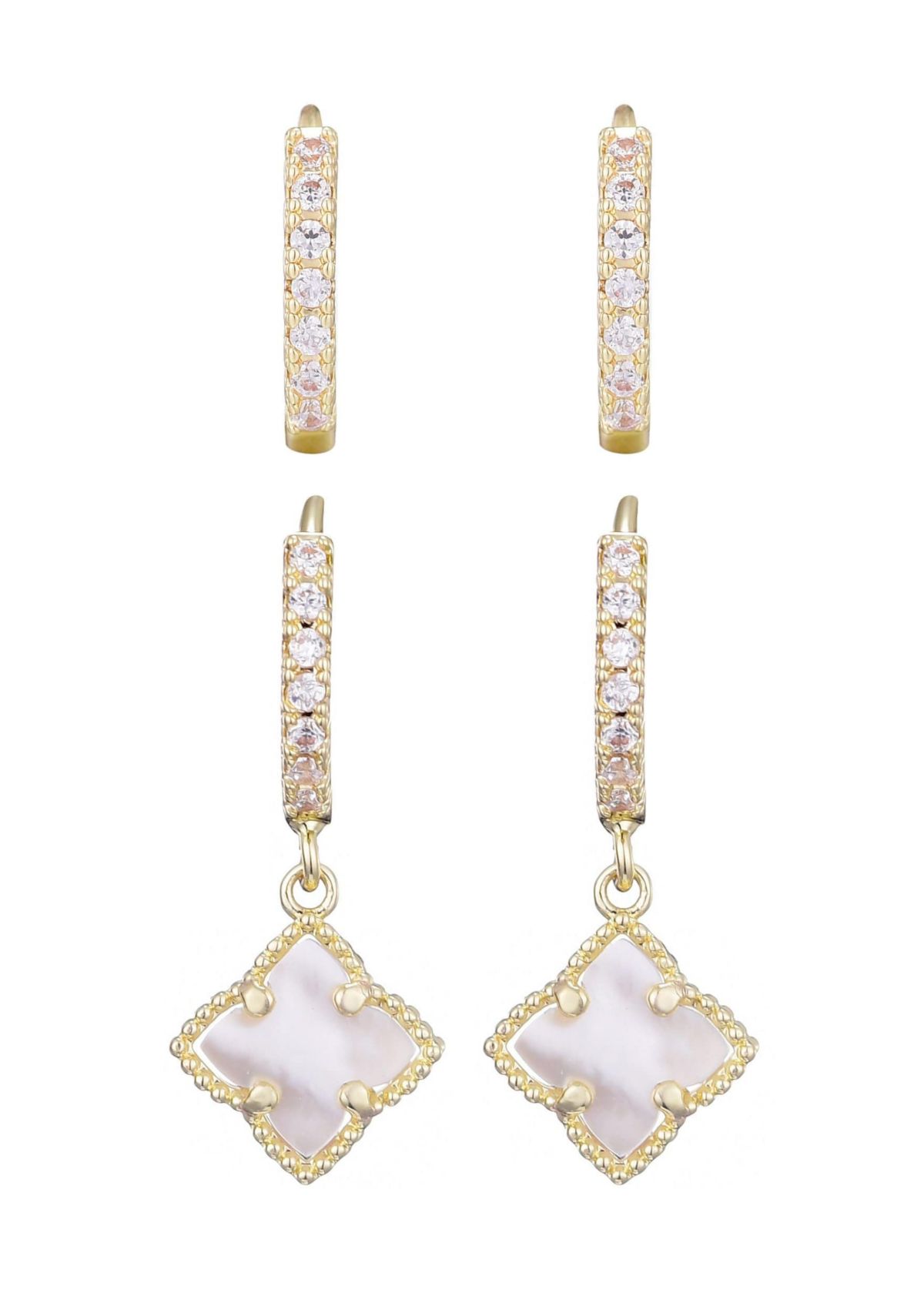 14k Gold Plated White Mother of Pearl Clover CZ Huggie Set