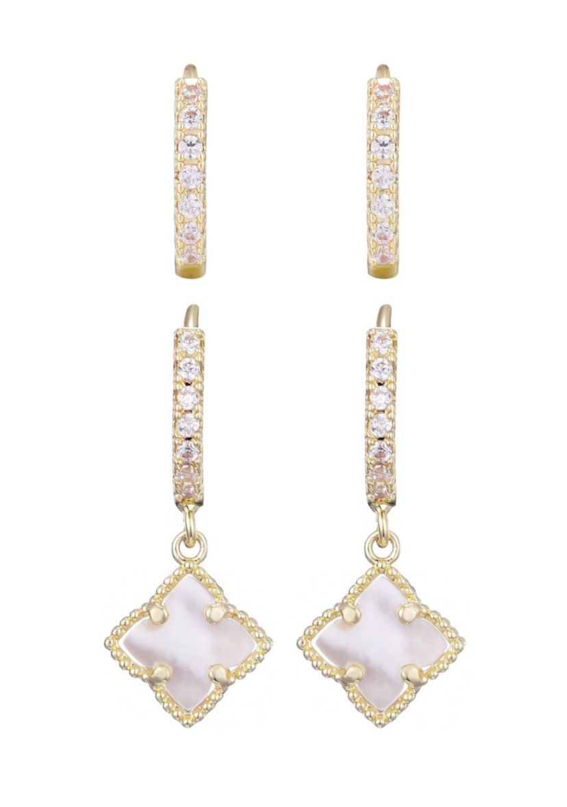 14k Gold Plated White Mother of Pearl Clover CZ Huggie Set