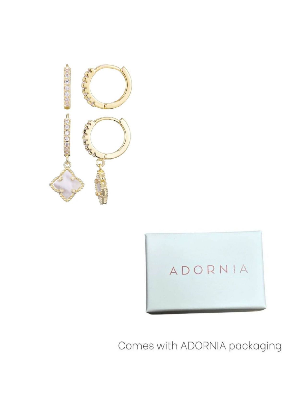 14k Gold Plated White Mother of Pearl Clover CZ Huggie Set