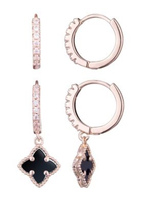 Adornia 14k Rose Gold Plated Black Clover CZ Huggie Set