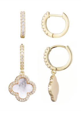 Adornia 14k Gold Plated Halo White Mother of Pearl Clover CZ Huggie Set