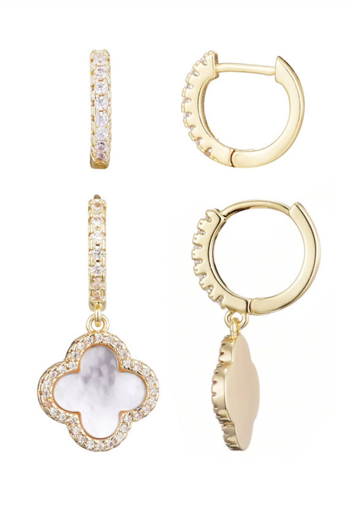 14k Gold Plated Halo White Mother of Pearl Clover CZ Huggie Set