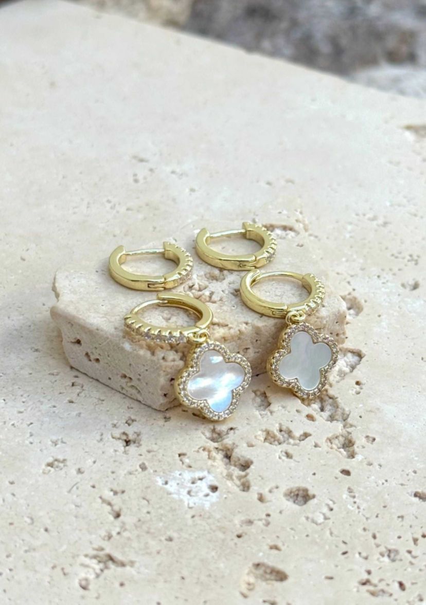 14k Gold Plated Halo White Mother of Pearl Clover CZ Huggie Set