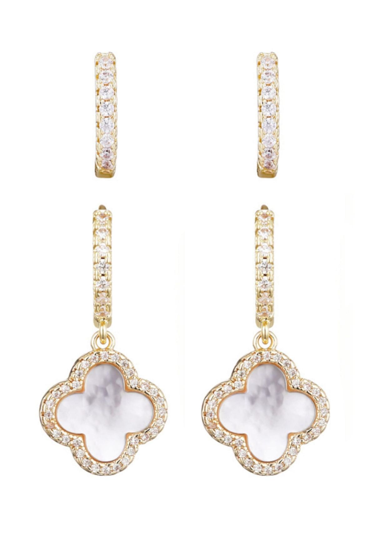 14k Gold Plated Halo White Mother of Pearl Clover CZ Huggie Set