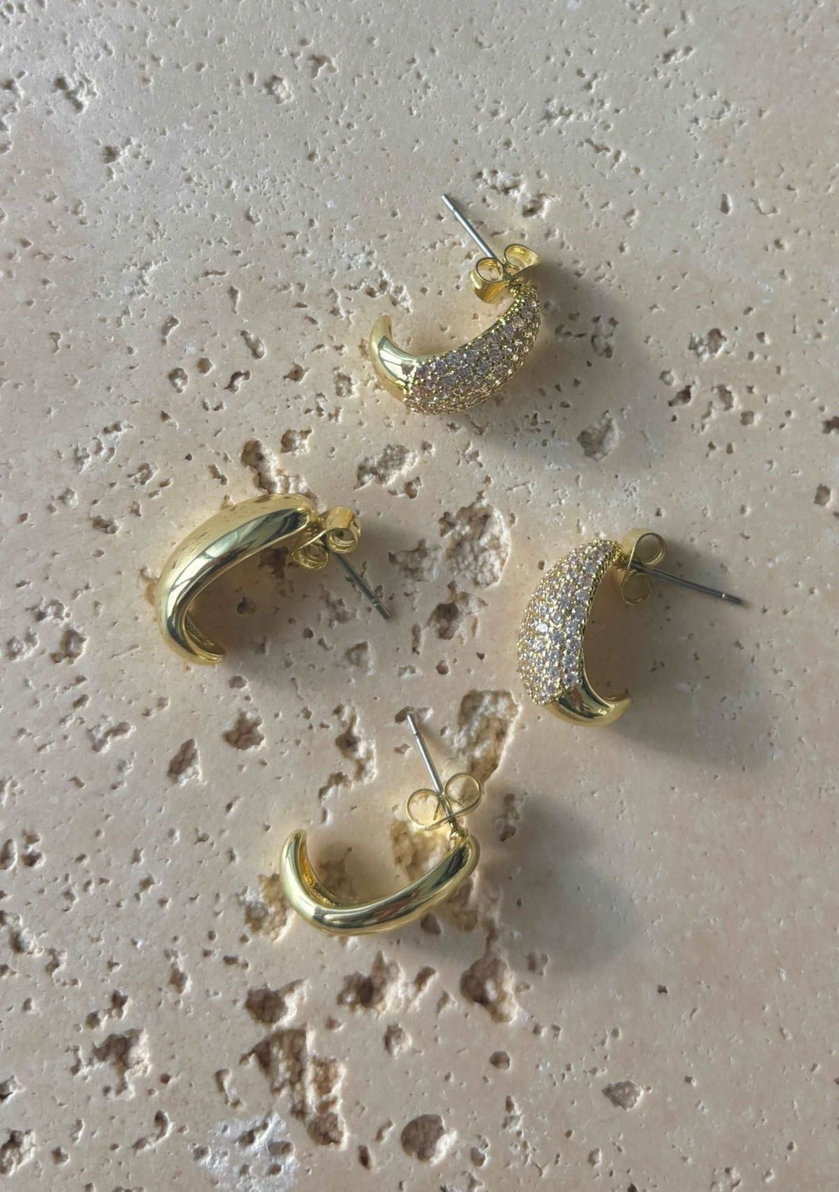 14k Gold Plated Crystal and Plain Chunky Hoop Set