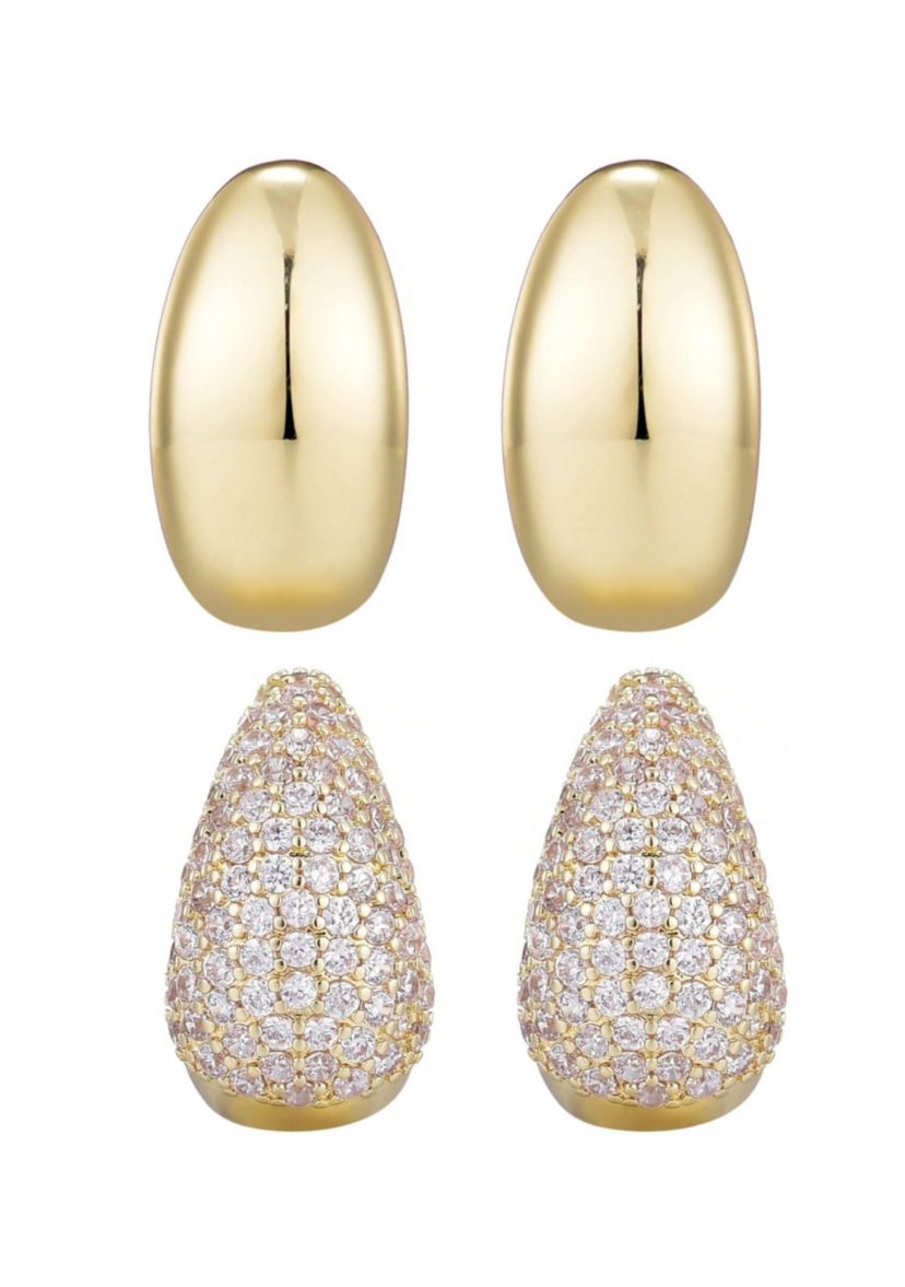 14k Gold Plated Crystal and Plain Chunky Hoop Set