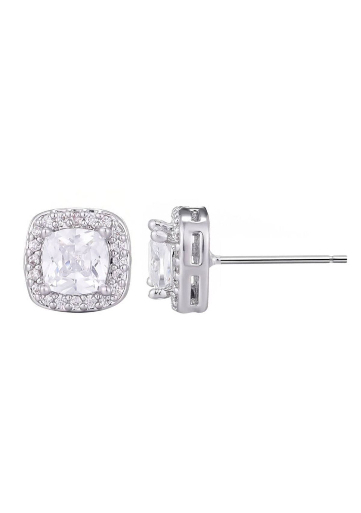 Silver Plated Cushion CZ Halo Stud Earrings