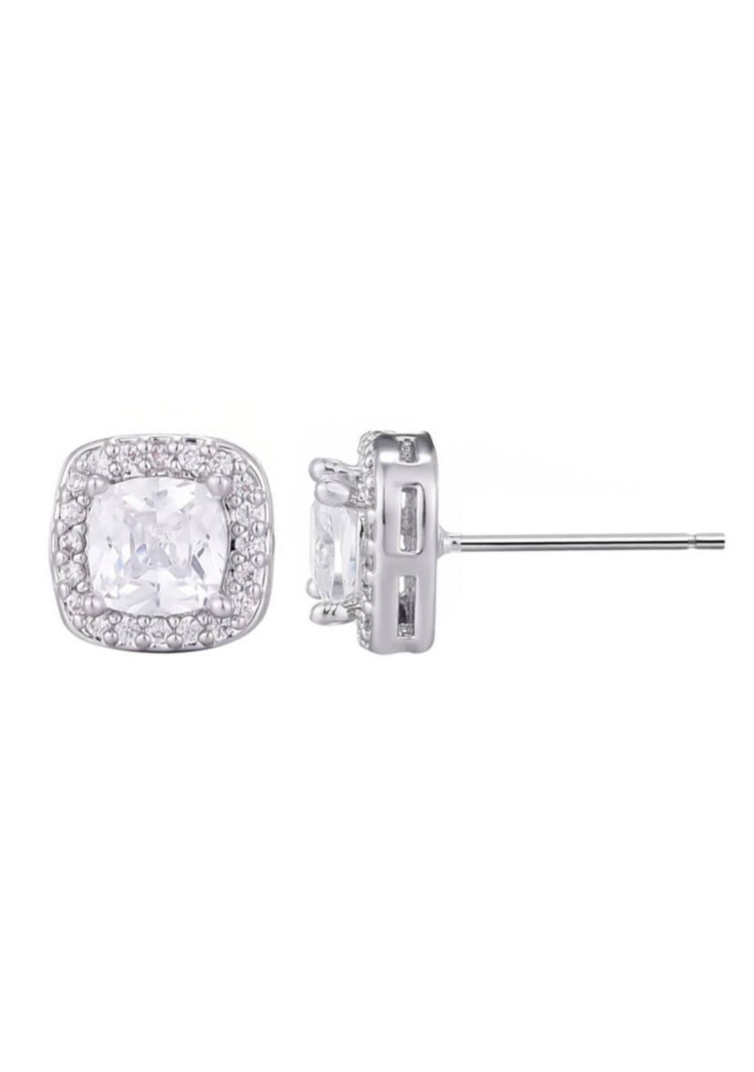 Silver Plated Cushion CZ Halo Stud Earrings