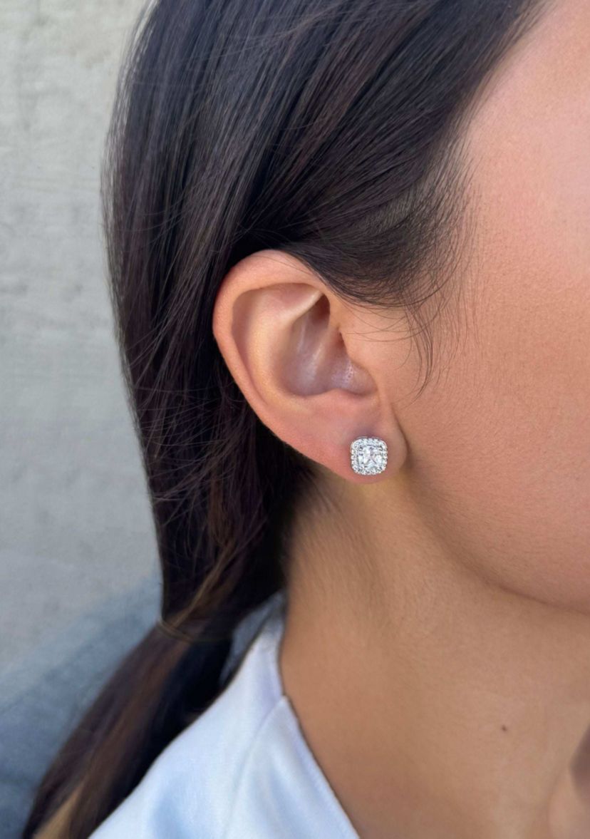 Silver Plated Cushion CZ Halo Stud Earrings