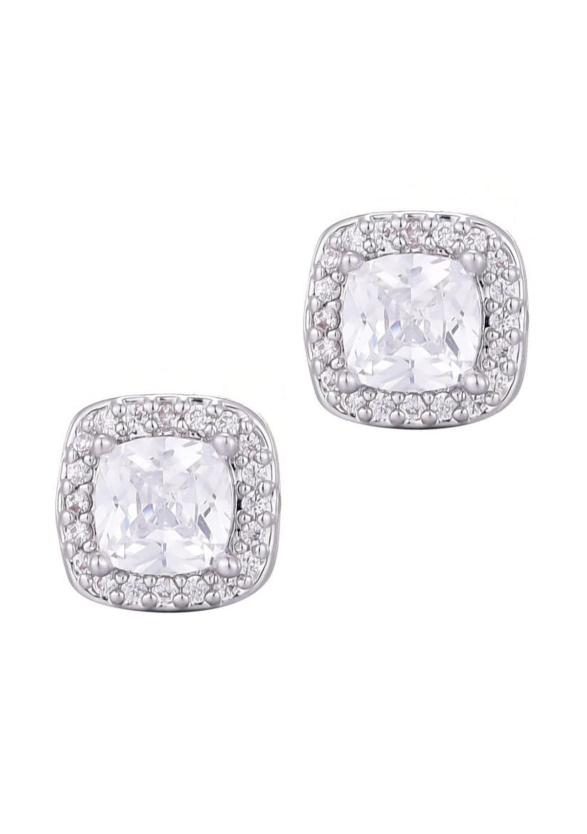 Silver Plated Cushion CZ Halo Stud Earrings