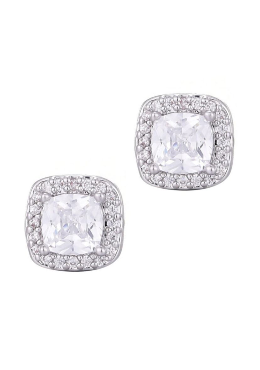 Silver Plated Cushion CZ Halo Stud Earrings