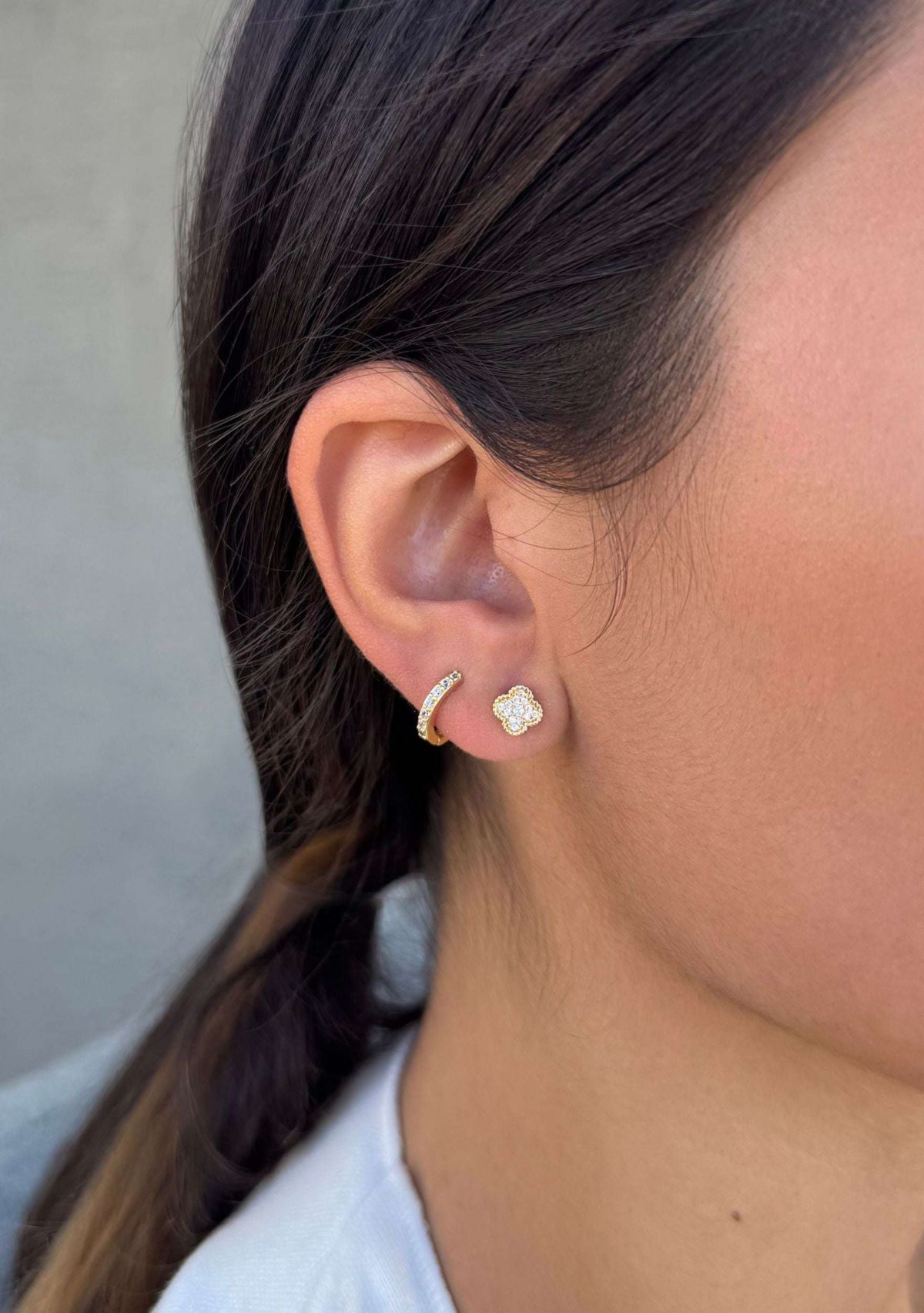 14k Gold Plated CZ Huggie and Clover Stud Set