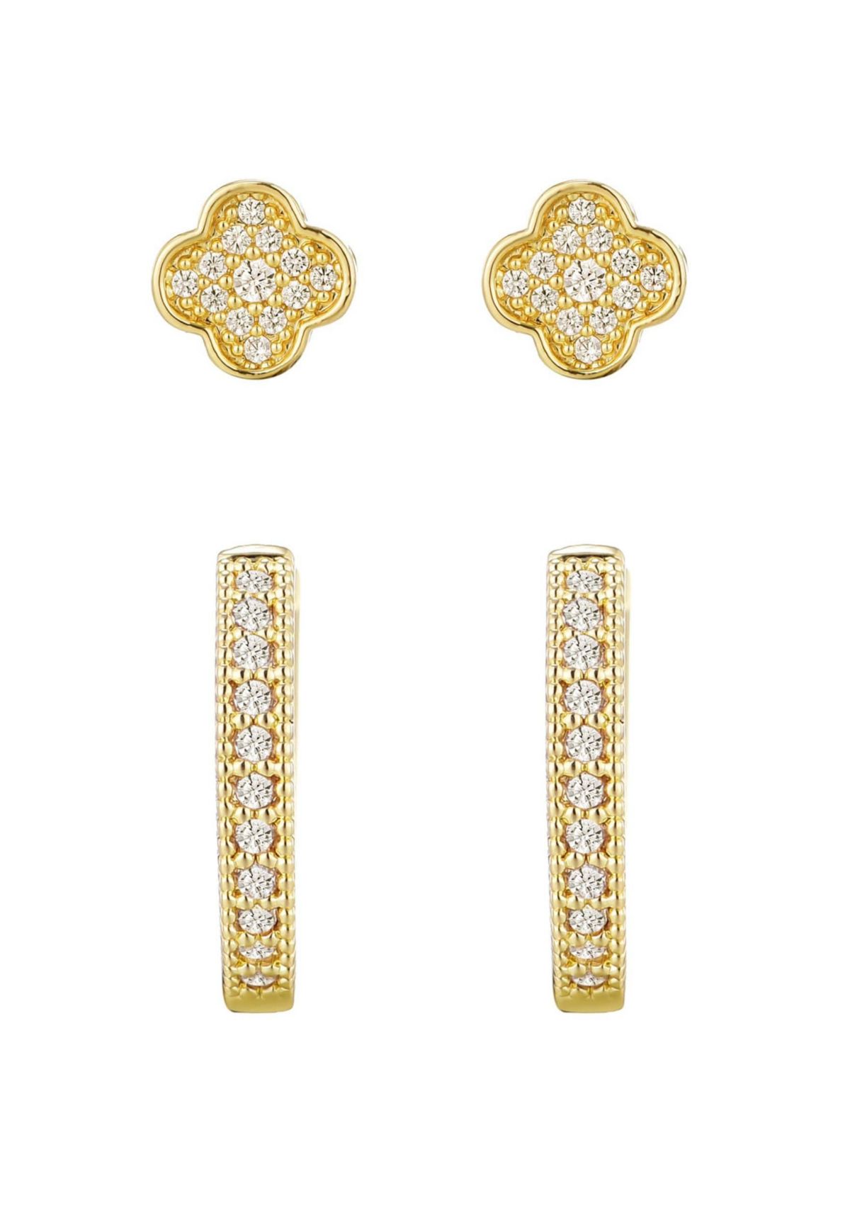 14k Gold Plated CZ Huggie and Clover Stud Set