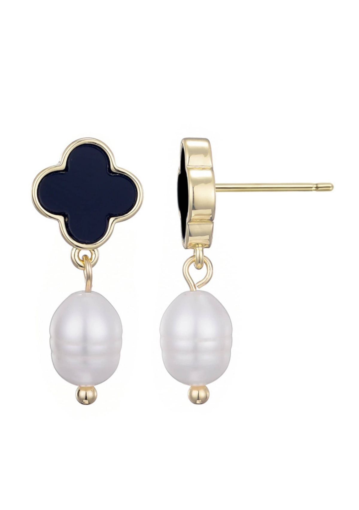 14k Gold Plated Black Clover and Freshwater Pearl Drop Earrings