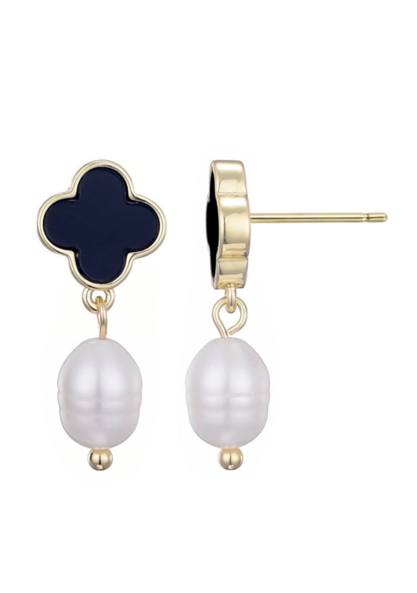 14k Gold Plated Black Clover and Freshwater Pearl Drop Earrings